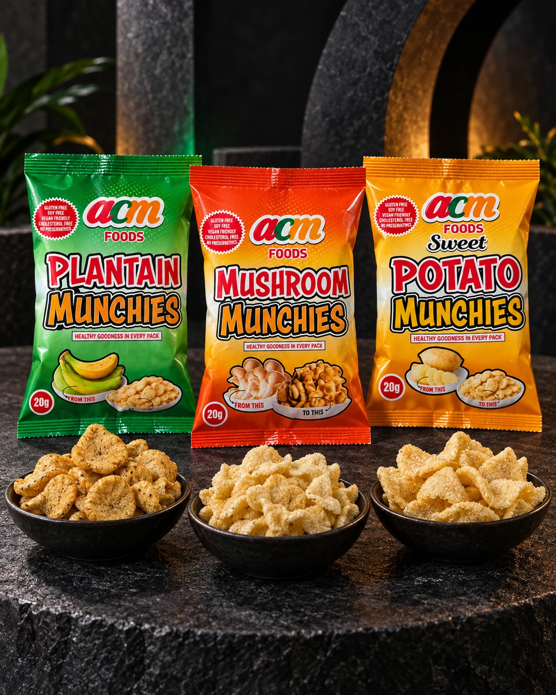 The three ACM Foods Munchies: Plantain, Mushroom and Sweet Potato, each in a 20g pack