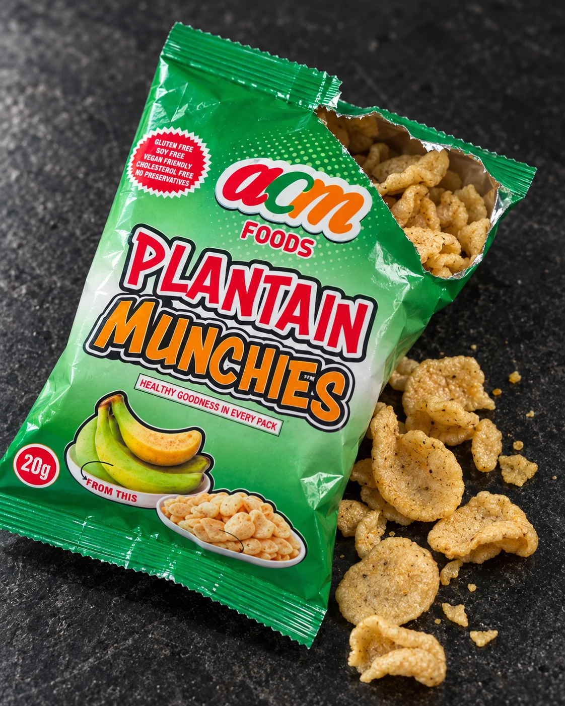 An opened Plantain Munchies packet showing the snack inside