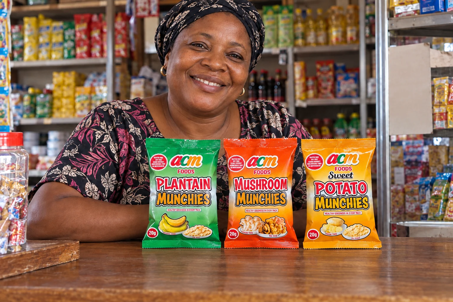 Illustrative Nigerian shopkeeper with the three ACM Munchies packs on a counter