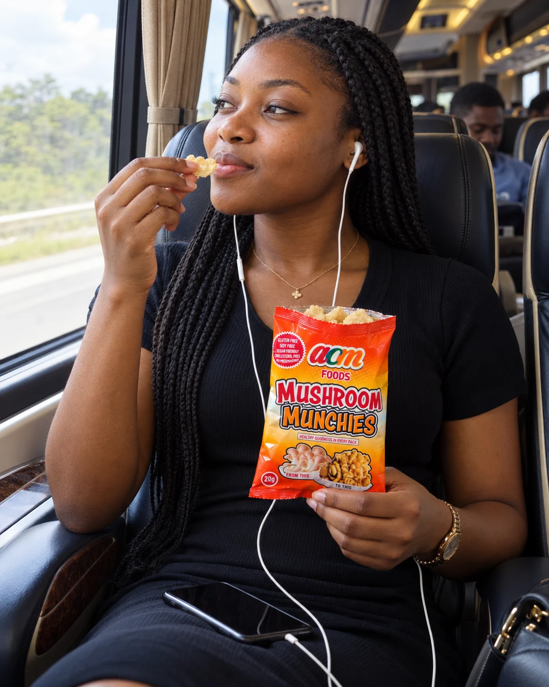 Illustrative Nigerian woman enjoying Mushroom Munchies with earphones in a coach bus