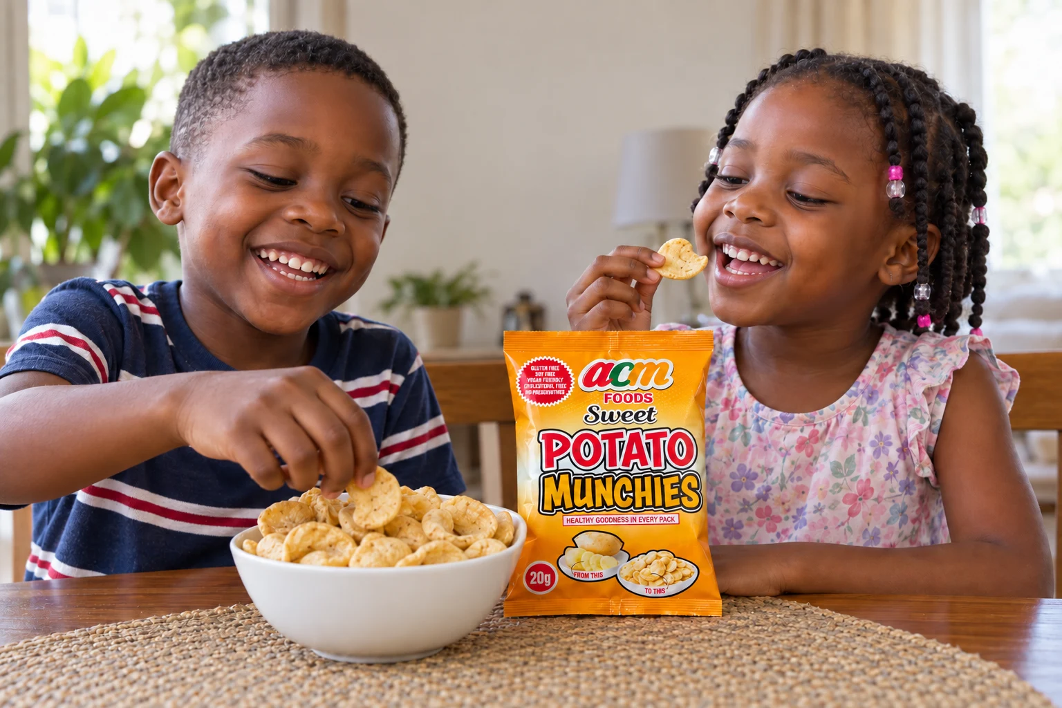 Illustrative Nigerian children sharing Sweet Potato Munchies at a table