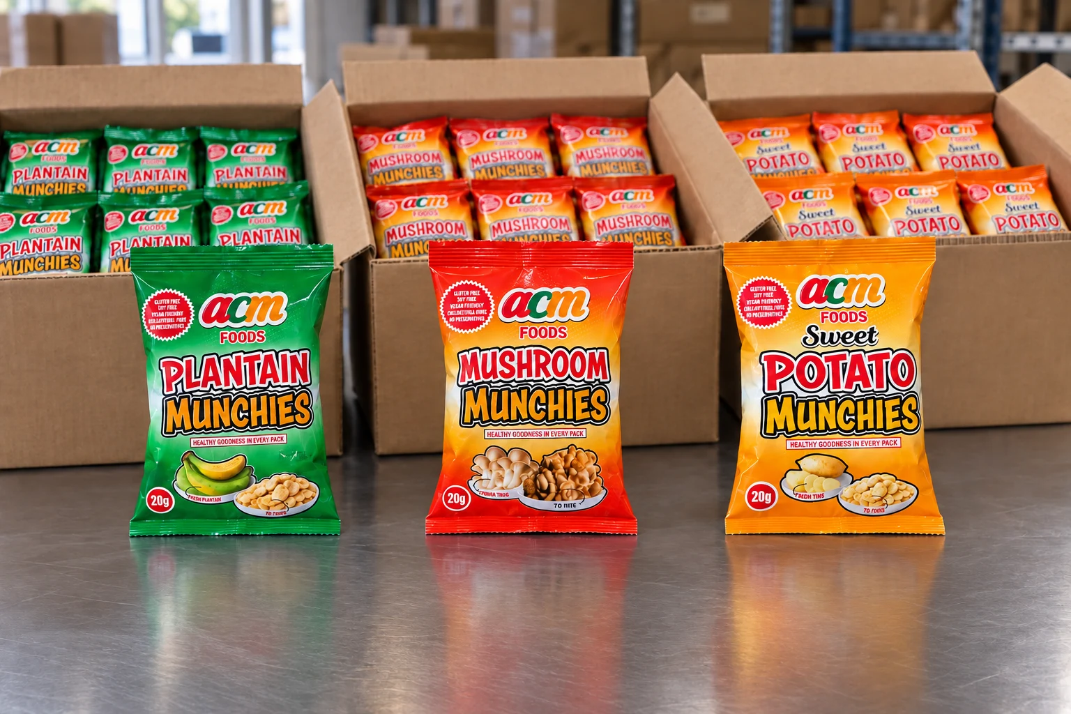 Illustrative product display of ACM Munchies packs and cartons