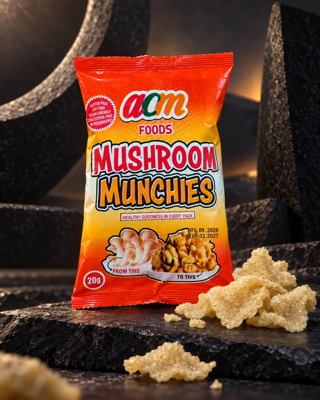 Mushroom Munchies 20g pack and snack
